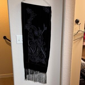 Managrove & NY Dark Brown and Black Floral Embroidered Scarf with Fringe 68"